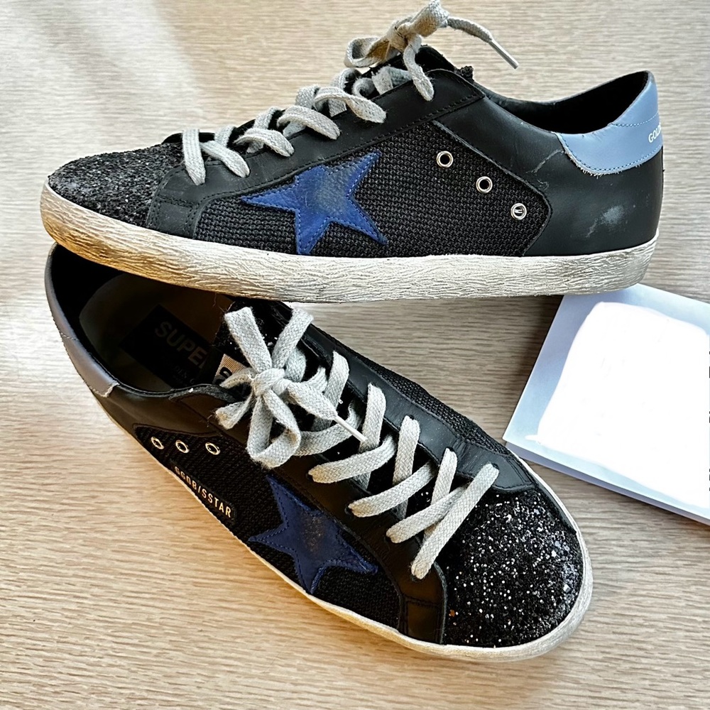 GOLDEN GOOSE Black and Blue Mesh Glitter Superstars Size 41